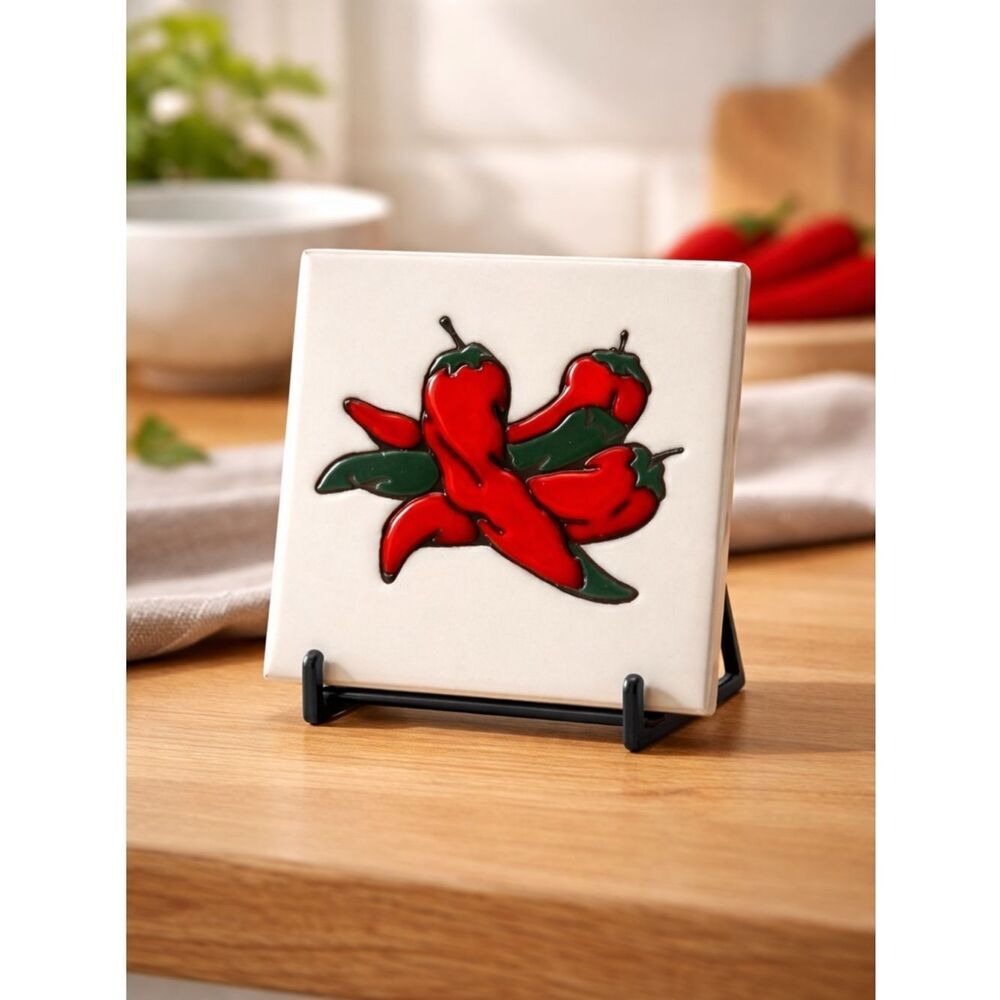 Vintage Masterworks 1986 Ceramic Tile Southwestern Chili Red Peppers Design